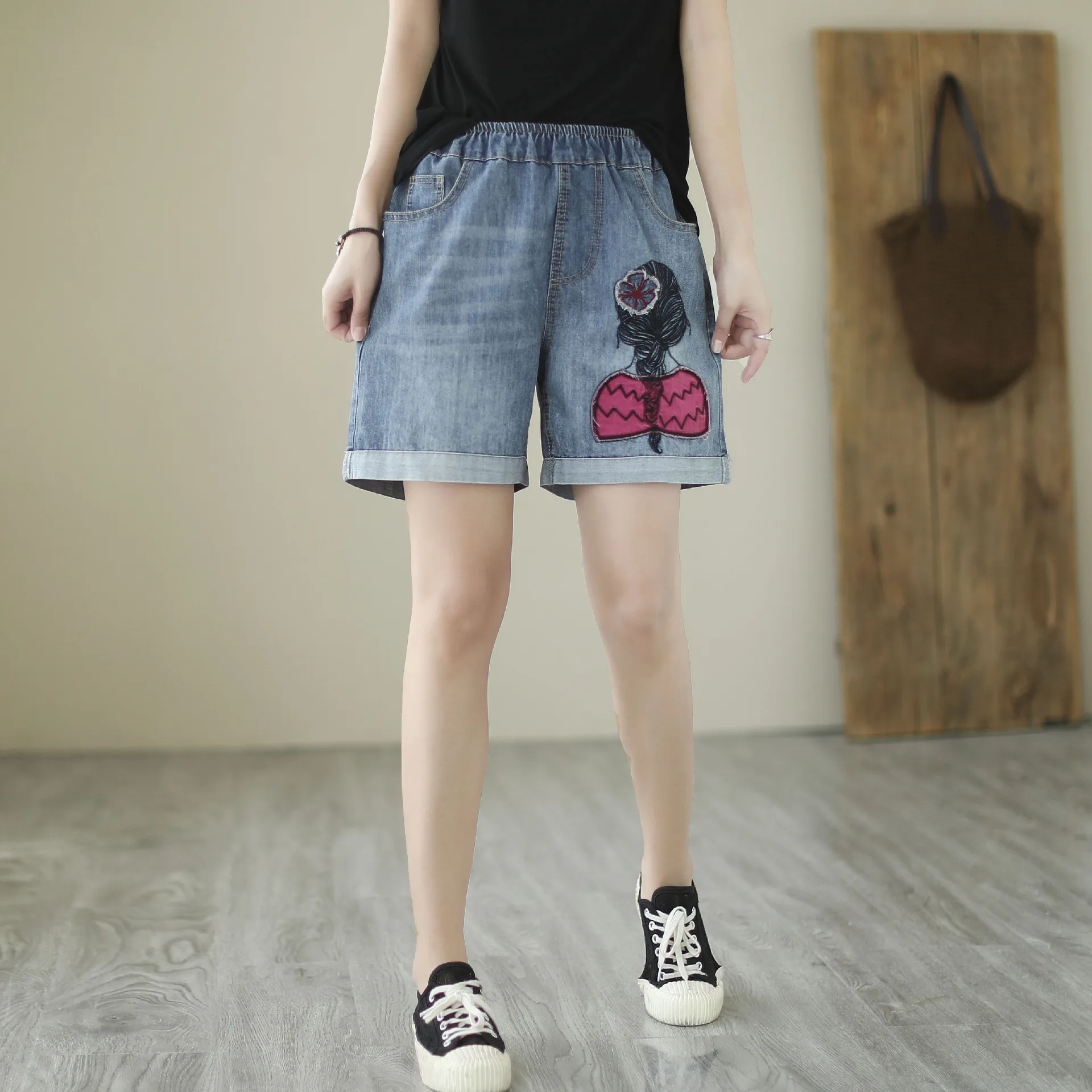 Aricaca Women Beautiful Girl Embroidered Denim Shorts Women Elastic Waist Light Blue Shorts