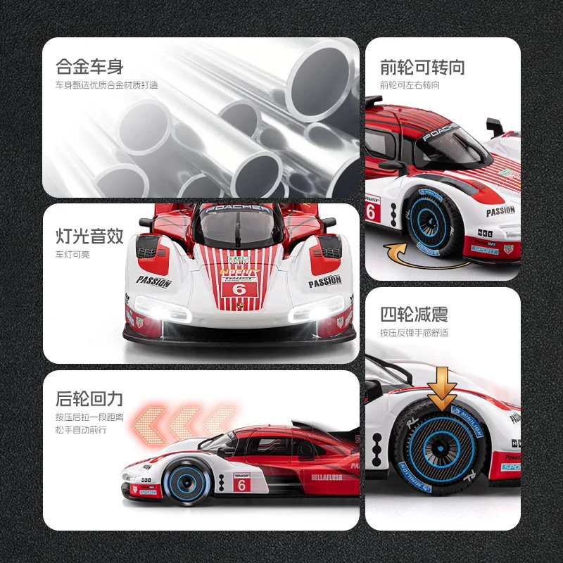 1:22 Porsche 963 legering racewagenmodel met pull-back actie, geluids- en lichteffecten - verzamelspeelgoed voor jongens, perfect cadeau