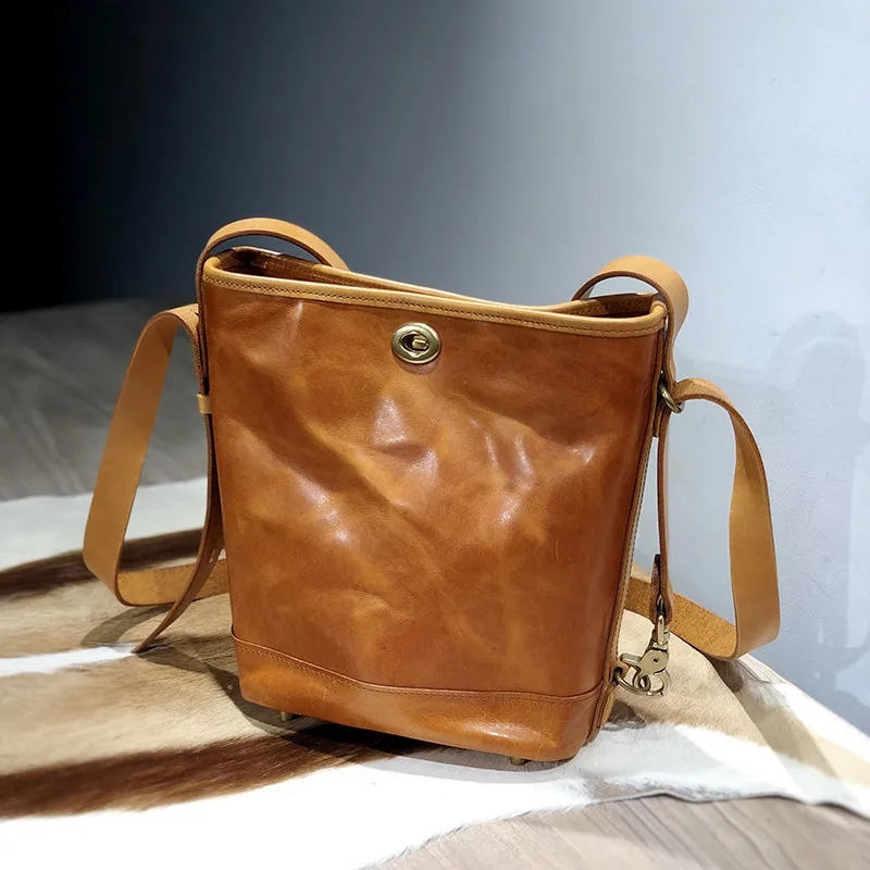 Fashion luxury natural genuine leather ladies bucket shoulder bag designer original women's high-end real cowhide small handbag