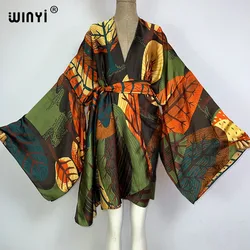 WINYI Bohemian Print Bikini Cover-up Elegant Self Belt boho Kimono Dress Women Summer Clothing  holiday Dress Beach Wear Cover