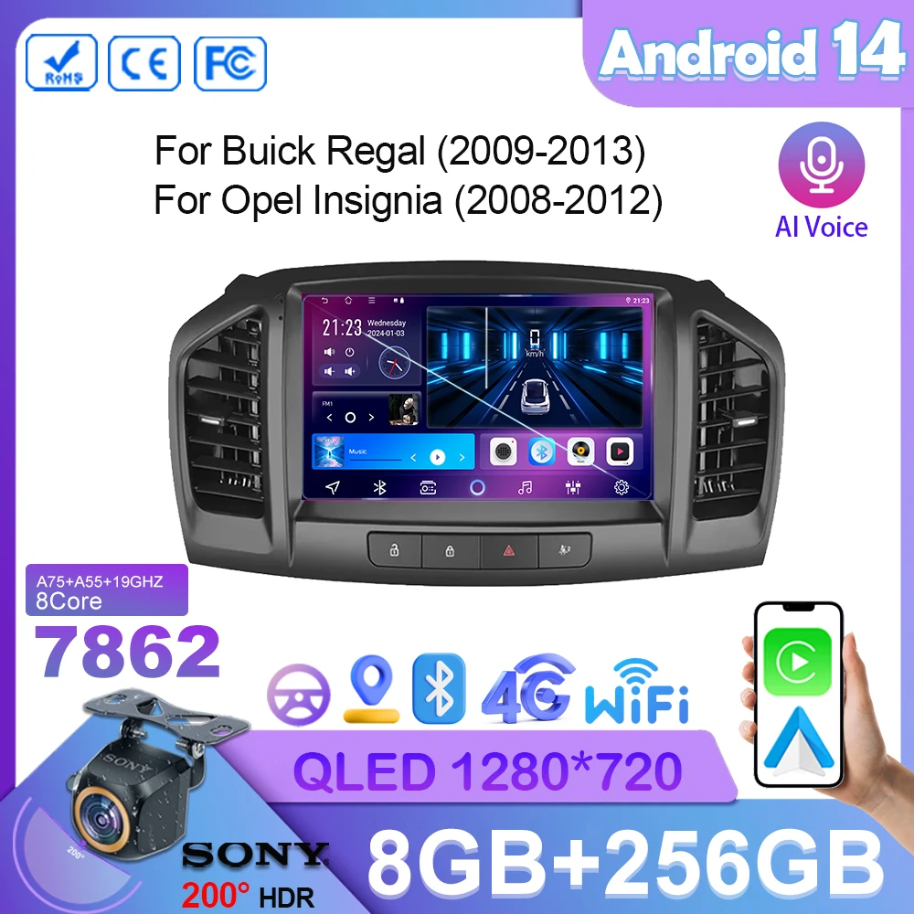 7862 Car GPS Carplay For Buick Regal 2009-2013 For Opel Insignia 2008-2012 Android 14 Radio Stereo Multimedia Player Navigation