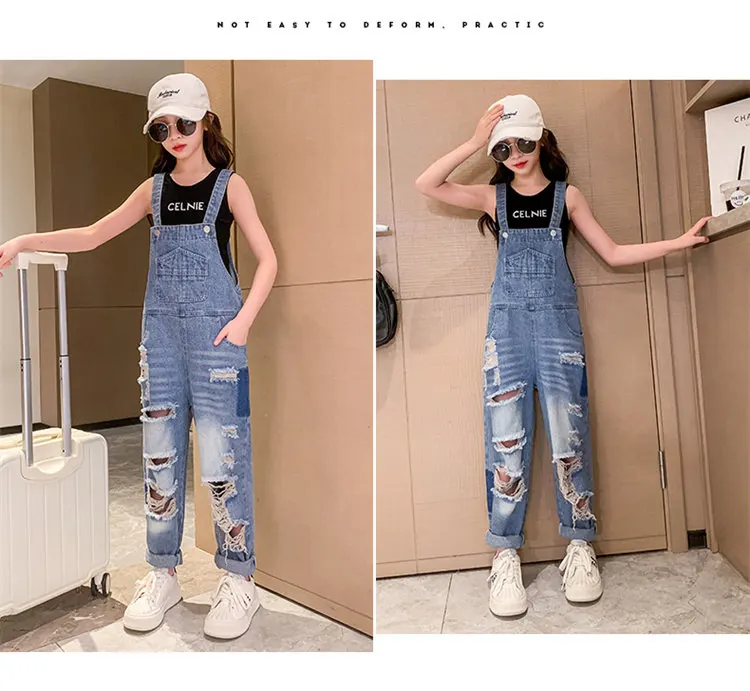 Cooler Overall mit Löchern für Mädchen, Sommermode, zerrissene Jeans-Latzhose, Kinder-Streetwear, abgenutztes Kostüm, 4 5 6 8 9 10 12 14 Jahre – Detail 5