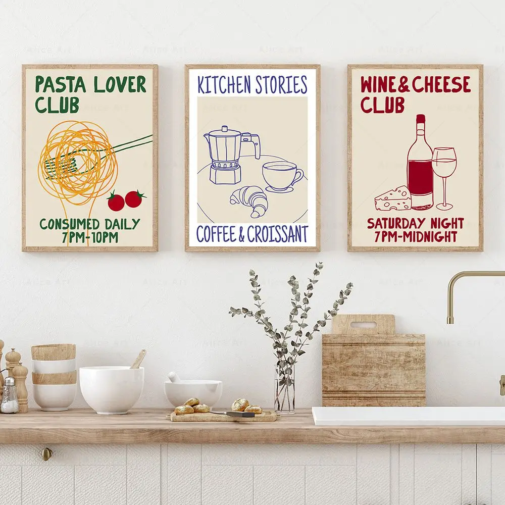 Line Drawn Wine Coffee Pot Pasta Food Print Drink Poster Wall Art Canvas Painting Dining Room Pictures Aesthetic Kitchen Decor