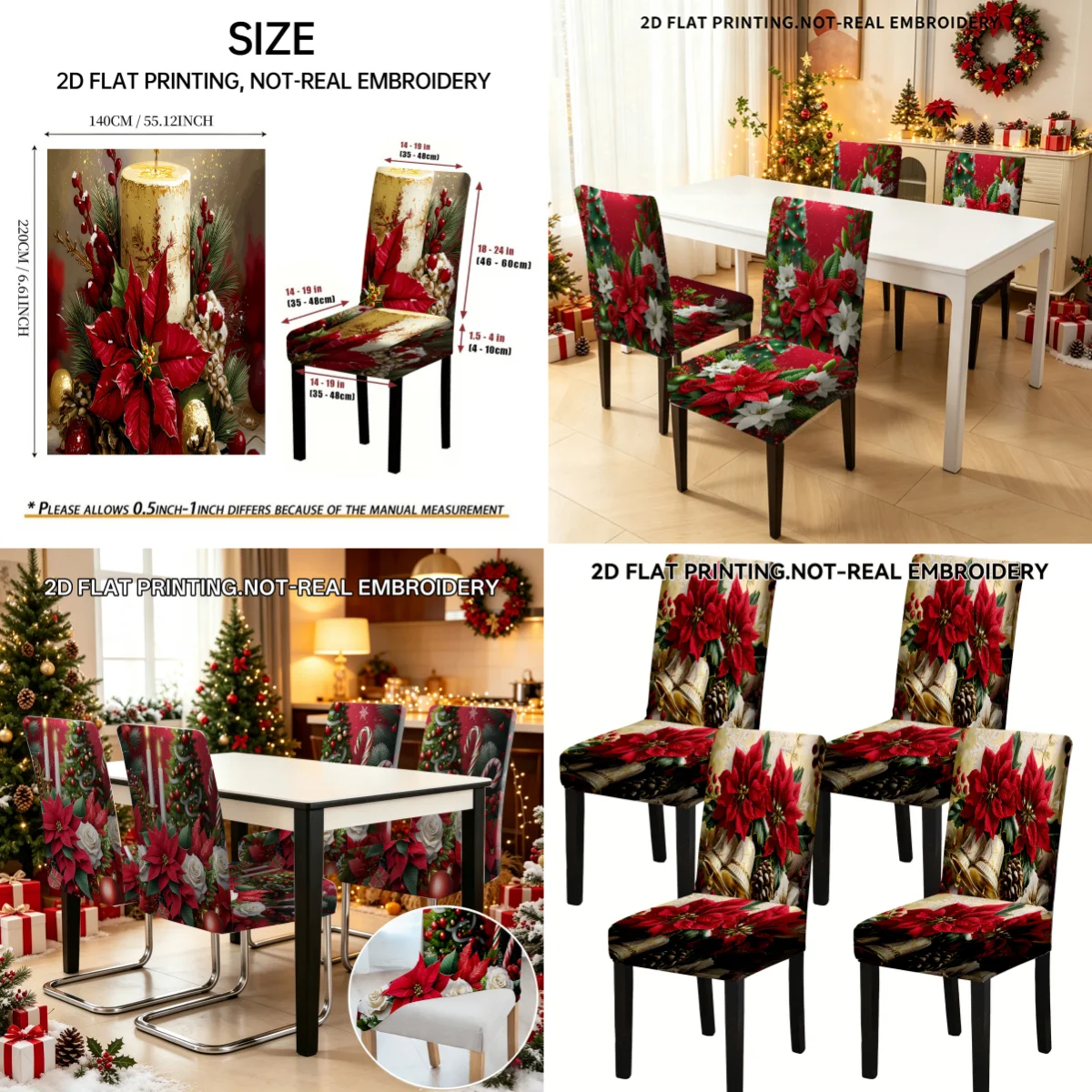 2/4/6 PCS Christmas elastic dining chair cover, Christmas tree bells animal 2D flat print, holiday party decoration chair cover