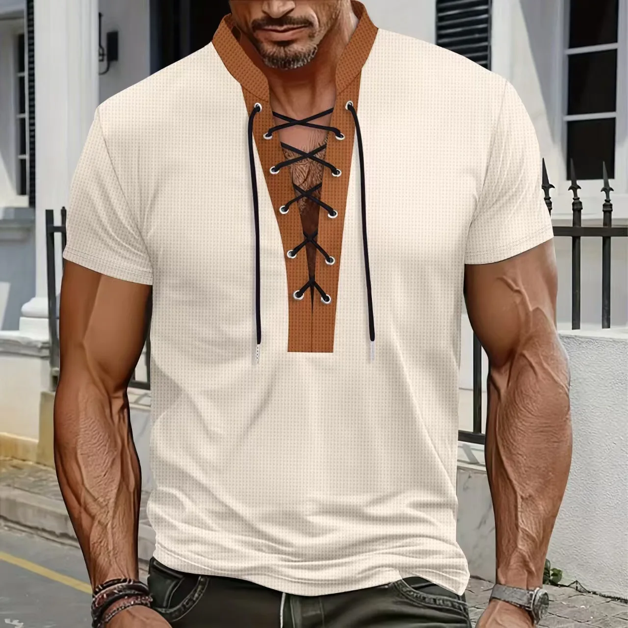 Men's Summer Strap Crew Neck Contrasting Color Casual Asian Cross-border Large Size Short-sleeved T-shirt Cw13328
