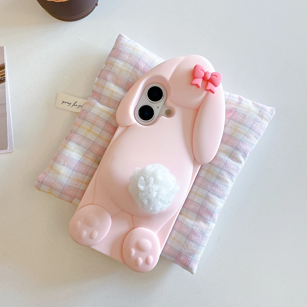 Kawaii 3D Cartoon Benny Rabbit Hülle für iPhone 16 15 14 13 12 Pro Max Weiche Silikonhülle mit Haarballenschwanzhalter – Detail 4