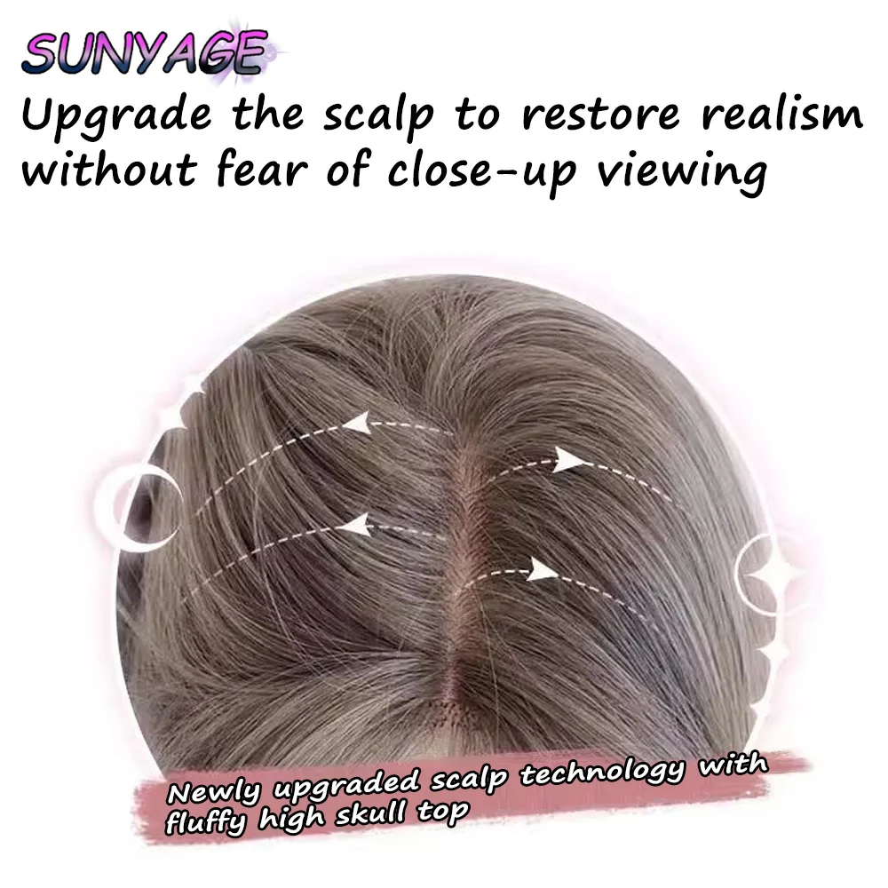 Sunyage perucas sintéticas longas, cinza, marrom, cabelo ondulado, com franja, uso diário, cabelos de fibra natural, roupa de festa para meninas e mulheres