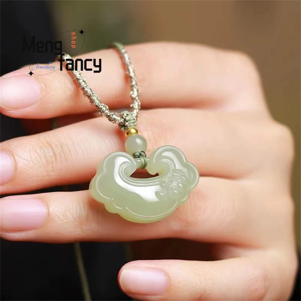 Natural Jade Peace Lock Necklace, Jade Ruyi Lotus Pendant, Chinese Simple Neck Accessory Fashion Jewelry Best Selling Elegant
