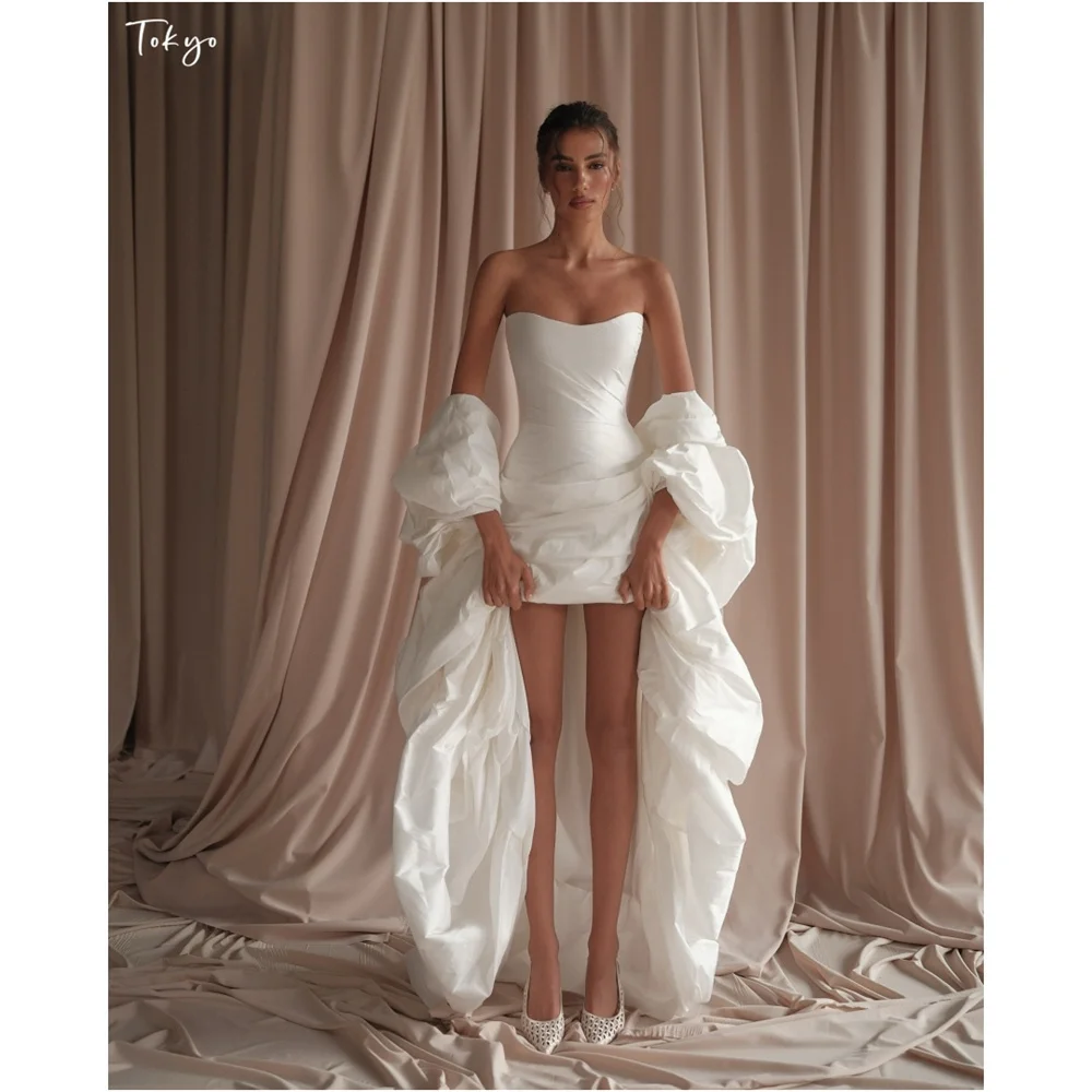 Tokyo Customized Strapless Satin  detachable Puff sleeve Mini Dresses Bridal gowns Modern Minimalist White Wedding dresses 2026
