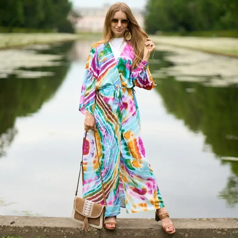 15 Colors Boho Printed Long Sleeve Self Belted Kimono Beach Dress Cardigan Women Beach Wear Swim Suit Cover Up Saida De Praia