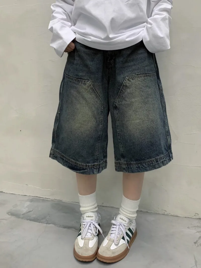 Y2k Shorts American Washed High Waist Denim Short Pants Distressed Vintage Knee Length Wide Leg Jeans Women Summer Straight