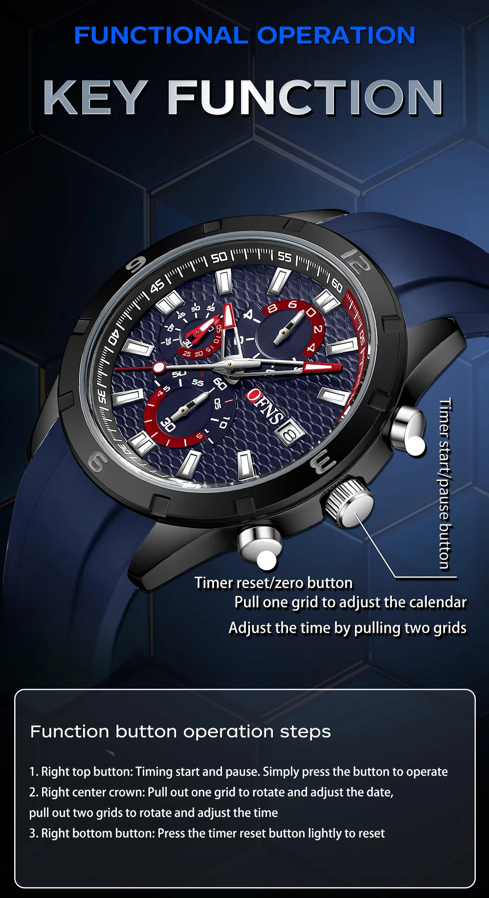 OFNS 8039 Orologio al quarzo da uomo nuovo alla moda Sport Calendario impermeabile Luce notturna Orologio al quarzo da uomo con ago a tre occhi