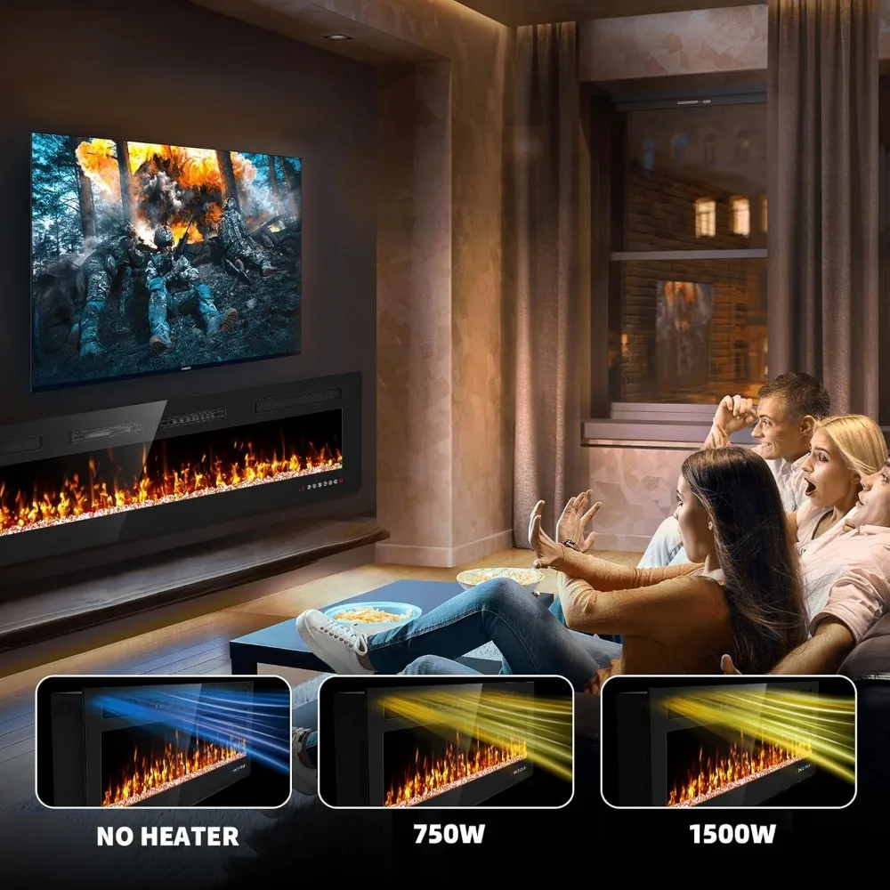72-Inch Slim Electric Fireplace Insert with Wall Mount, Remote and Touch Screen Control, 1500W Heater, Titanium Finish