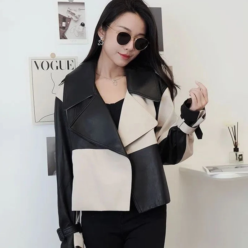 

2023 Autumn Winter Imitation Sheepskin Leather Coat Women's Slim Office Lady Leather Coat Turn-down Collar Fashion Leather Coat