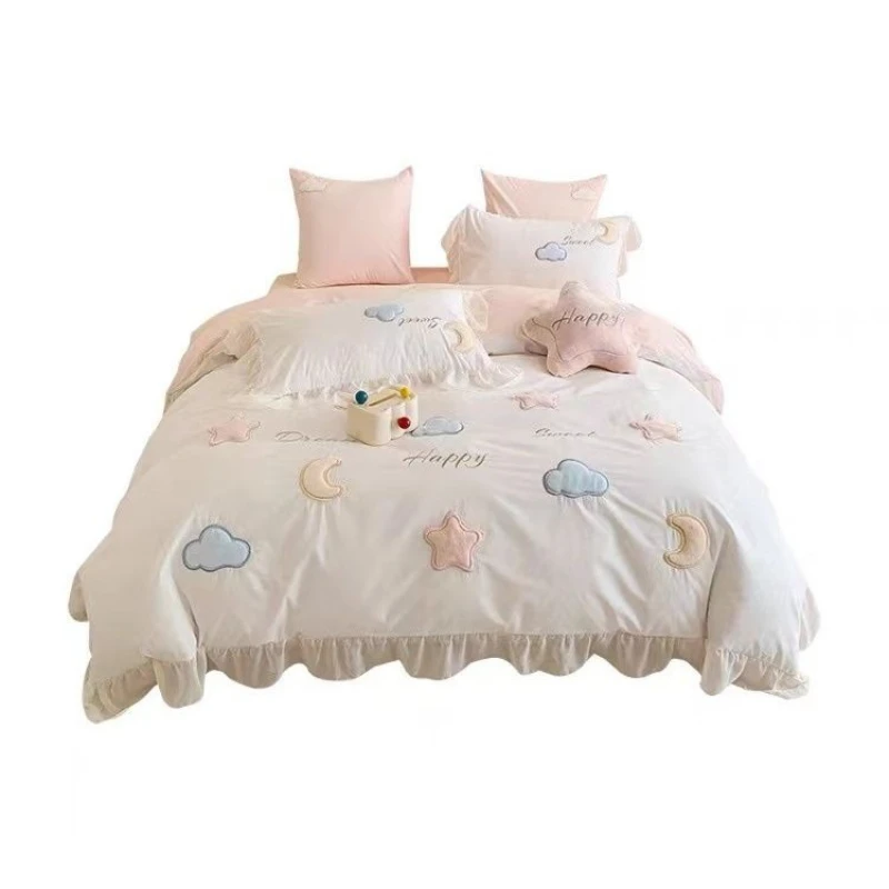 

Small fresh pure cotton washed four-piece cotton sheet girl princess wind quilt cover children's bedding