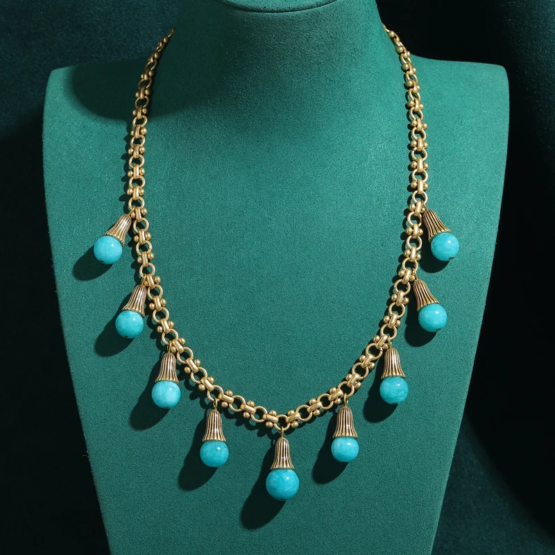 

Vintage Natural Stone Necklace For Woman French Elegance Blue Green Drop Tassel Jewelry Retro Collarbone Chain New In 2025
