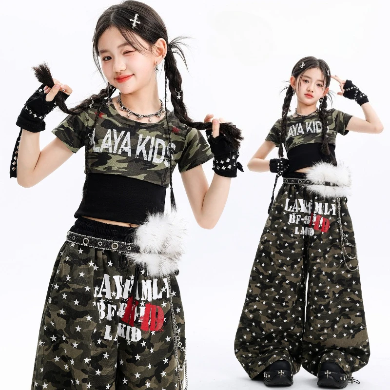

New Girls Street Dance Hip Hop Clothing Set Short Sleeve Top Baggy Pants Cool Jazz Performance Outfit Group Stage Wear Costume