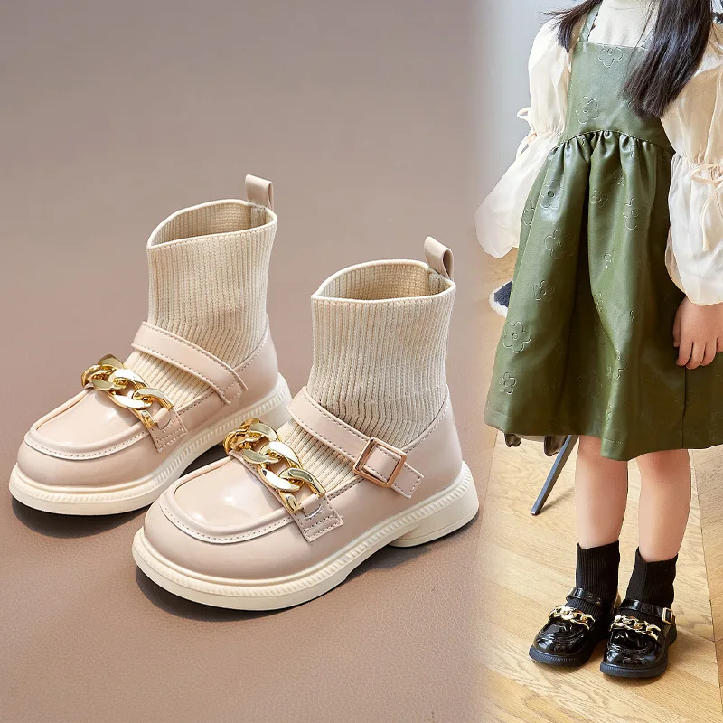 Girls Short Boots Winter 2023 New Children's Princess Antiskid Socks Boots Plataforma Ni?as Fashion Chain Brim Boots