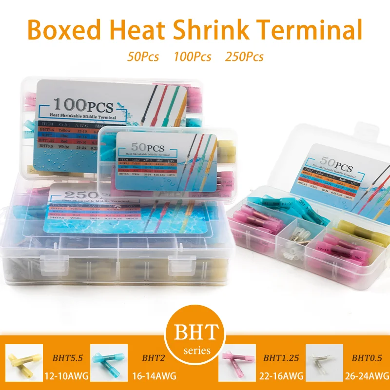 

50/100/250Pcs Boxed Heat Shink Intermediate Terminals Butt Connectors Insulated Marine Grade Waterproof Wire Connectors Kit