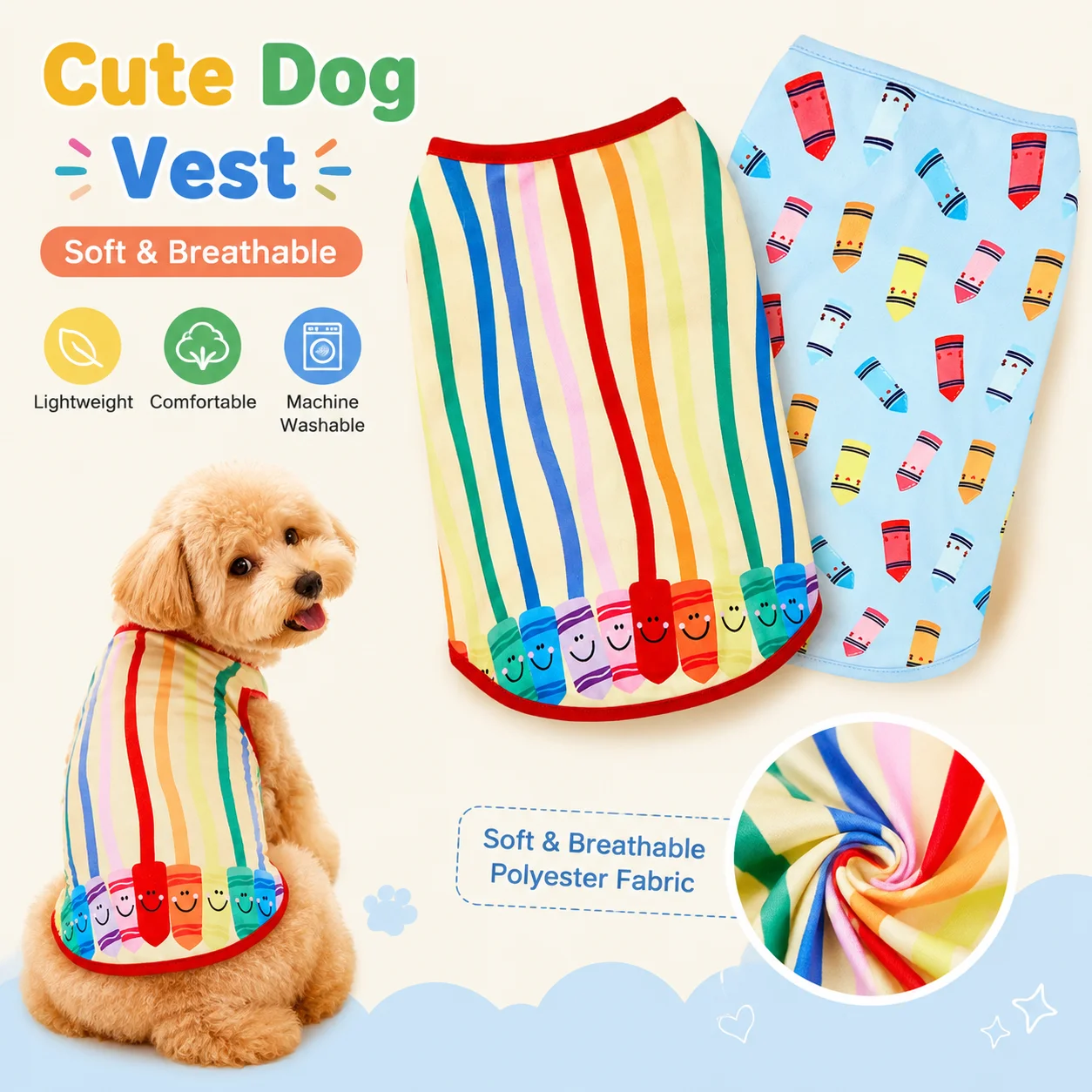 Conjunto de 2 Chalecos Divertidos con Diseño de Crayones para Perros, Chaleco Amarillo y Azul para Perros, Ropa para Perros Pequeños, Medianos y Grandes, Atuendo de Verano para Perros