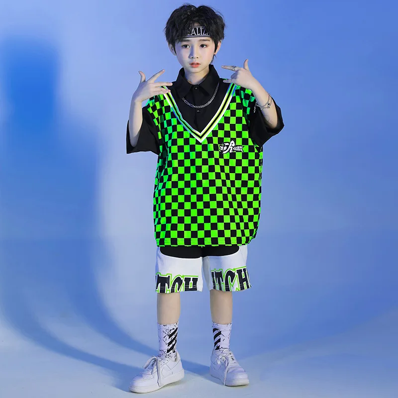 子供ヒップホップ服グリーンフェイクツーピーストップス黒白スプライシングショーツ女の子男の子ダンス衣装服