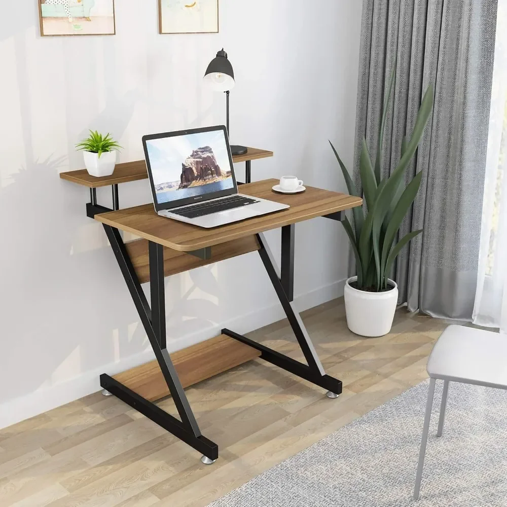 Computer Desk, 27.5 inch Compact Desk with Monitor Shelf and Bottom Storage Shelves, Z Shaped Small Computer Desk