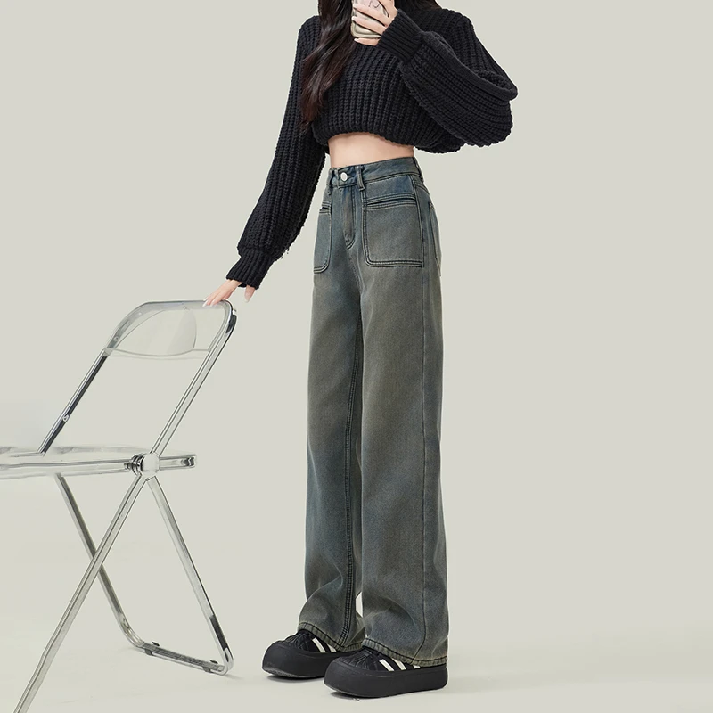 

Cement grey retro high-waisted wide-leg jeans female autumn and winter new loose thin straight drag trousers tide