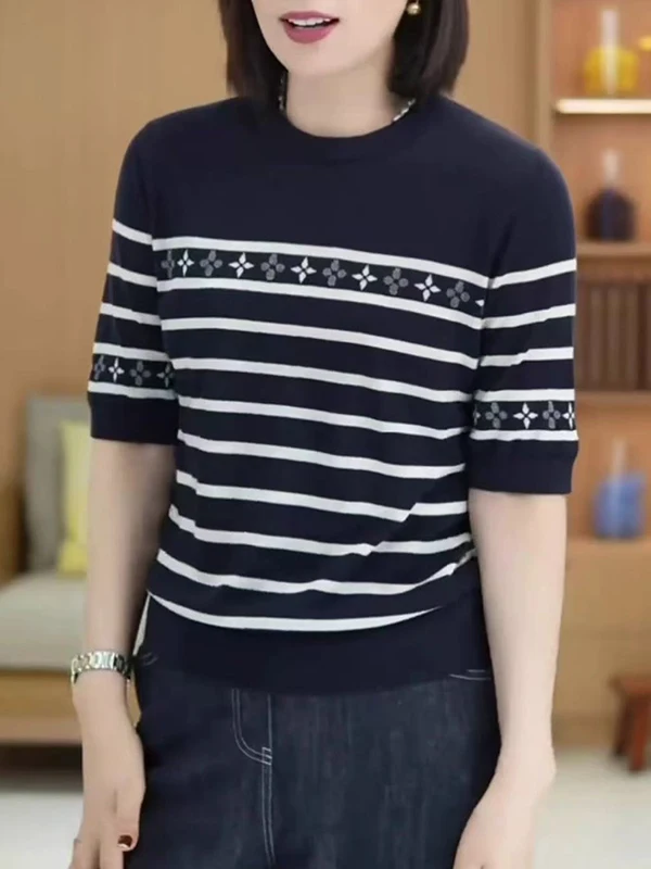 

Slimming Effect Striped Knitwear ort Sve T-irt Summer 2026 plus Size Conceal Belly Design Casual Comfortable Top