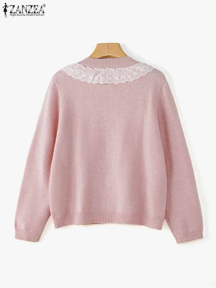 ZANZEA 2025 FW سترات نسائية مرقعة بالدانتيل ورقبة دائرية وأكمام طويلة وأزرار حتى القوس وتفاصيل سترة صوفية على الموضة الكورية #3