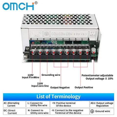 OMCH MS Series Switching Power Supply 15/25/35/50/60/75/100/120/145/150/200/250/300/350/400W 5V/12V/24V/36V/48V AC to DC SPMS