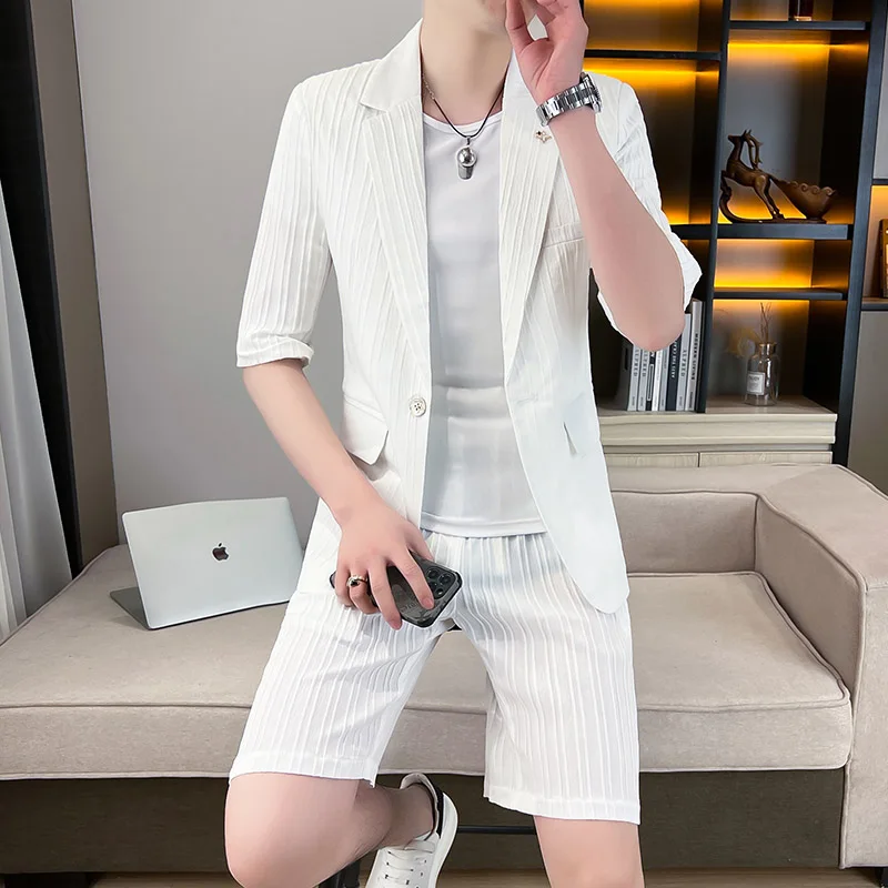 Summer Men\'s Blazer & Shorts Set Elegant Plain Lapel Solid color Short Sleeve Blazer & Shorts 2Pcs Suit