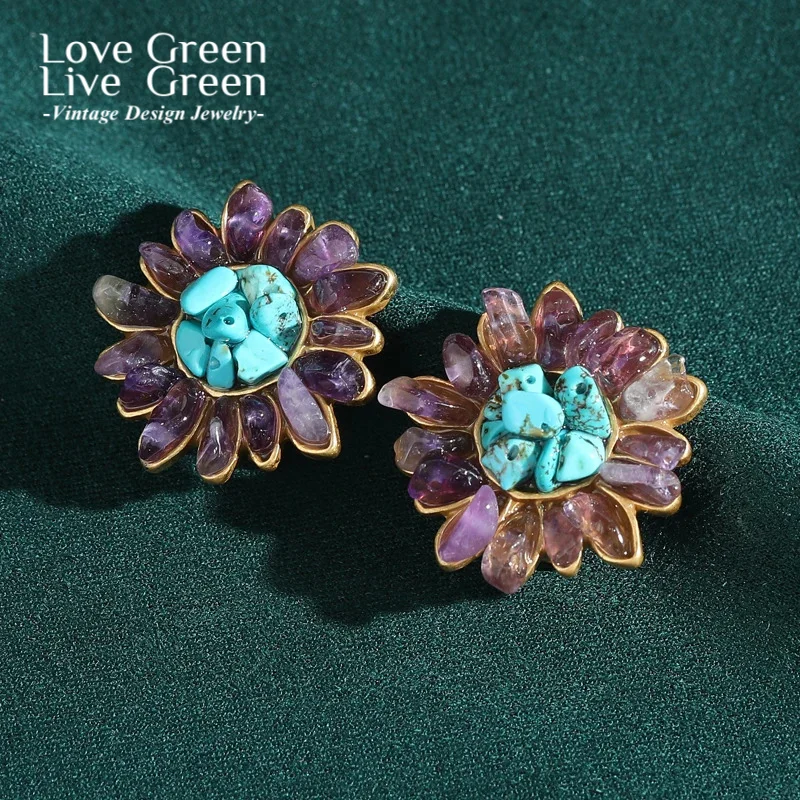 

Vintage Blue Turquoise Stud Earrings Natural Stone Sunflower Trendy 2025 Antique Jewelry Women Retro Luxury Designer Crystal