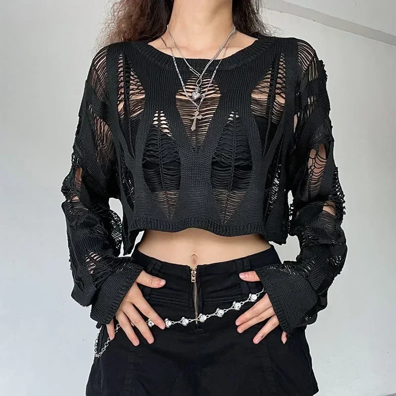 Women Knitted Pullover Dark 2024 Fashion Korean Harajuku Ripped Long-sleeved Top Sexy Openwork Summer Girl Sweater