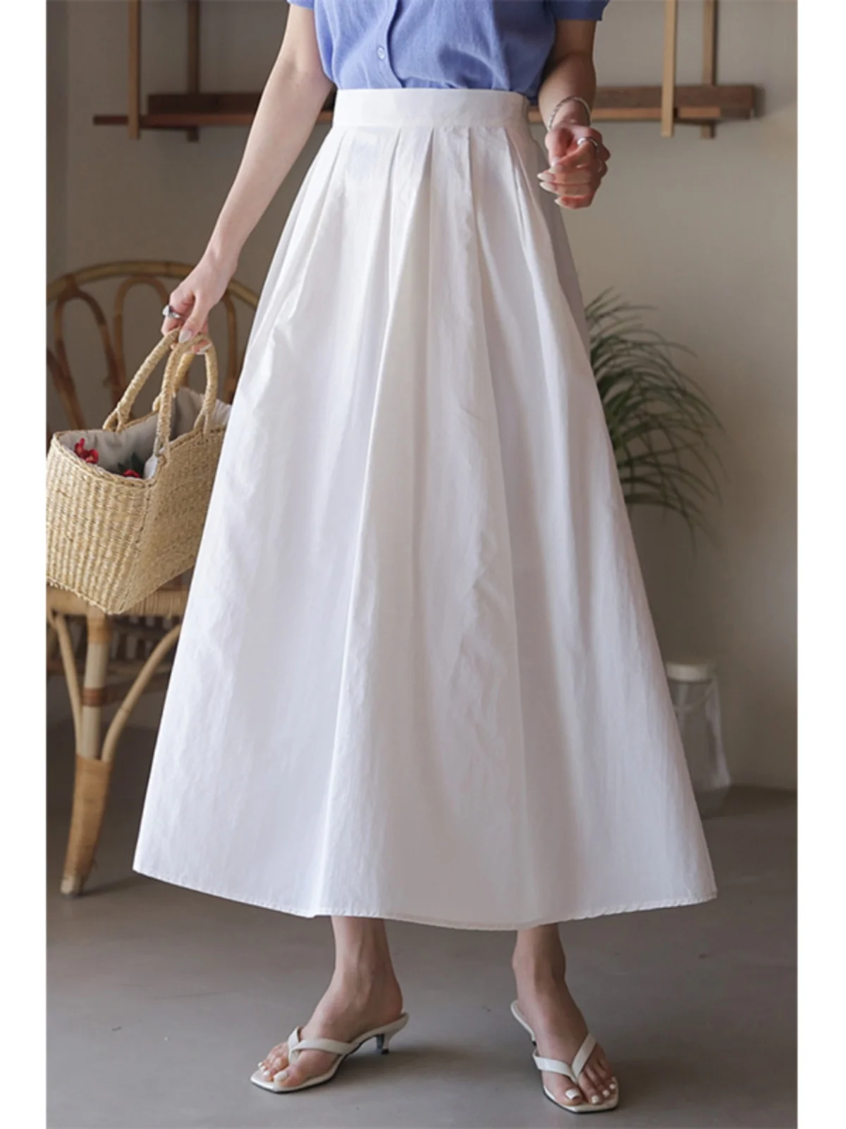 

High Waist A-Line Midi Skirt Women's Summer New Korean Style Pleated Pure Color Commute Casual Polyester Fiber Umbrella Skirt