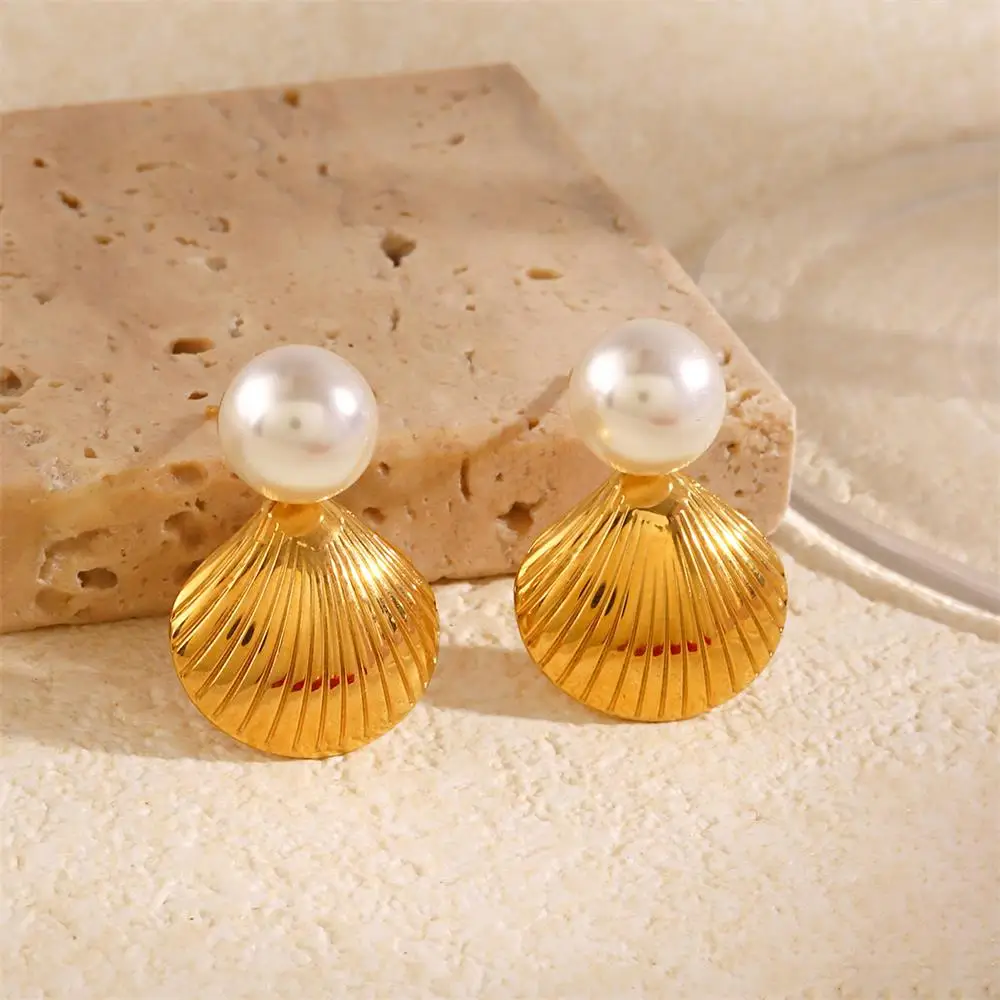 Creative Stainless Steel Thread Texture Scallop Shells Stud Earrings for Women Girls Gold Color Seashells Pearl Ear Buckle Gifts