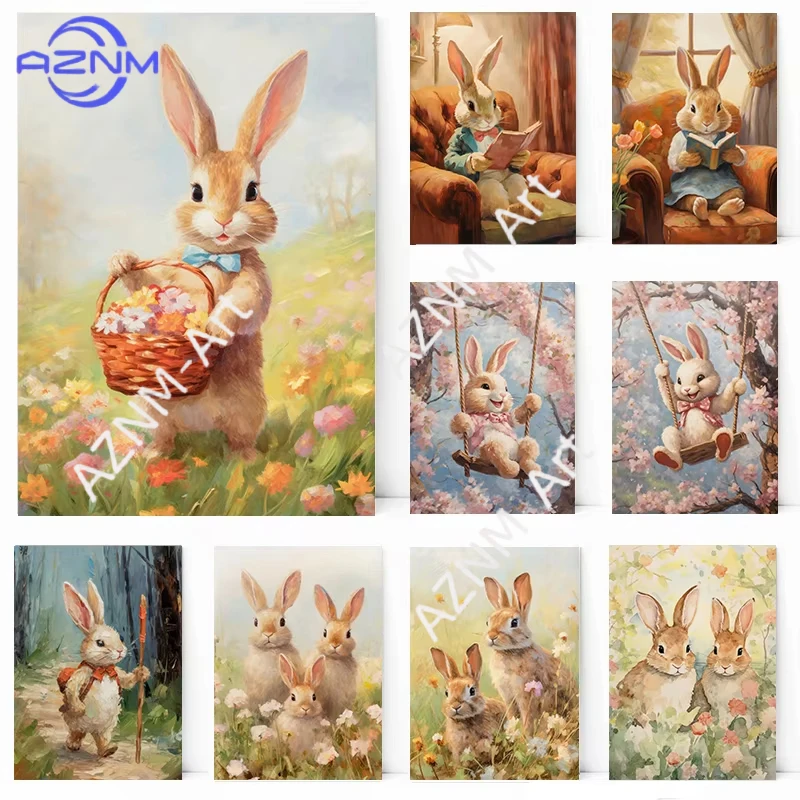 Spring Outing Rabbit Poster Printing Easter Bunny Carrying a Flower Basket Canvas Art Home Living Room Bedroom Decor
