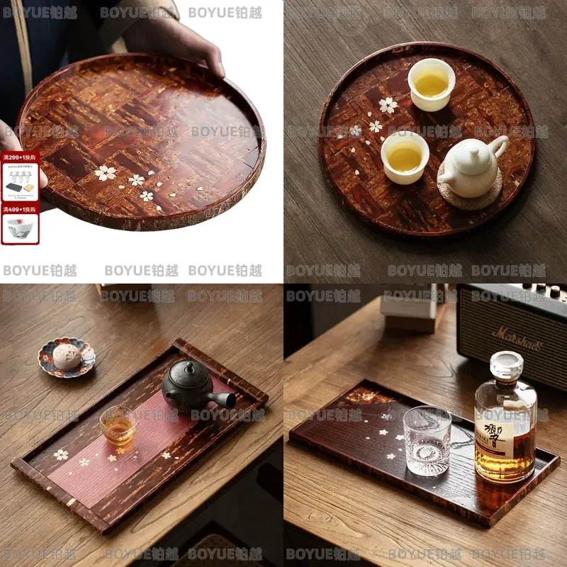 Japanese Style Cherry Blossom Bark Round Tea Table Retro Splicing Wood Dessert Tray Vintage Serving Platter for Home Decor