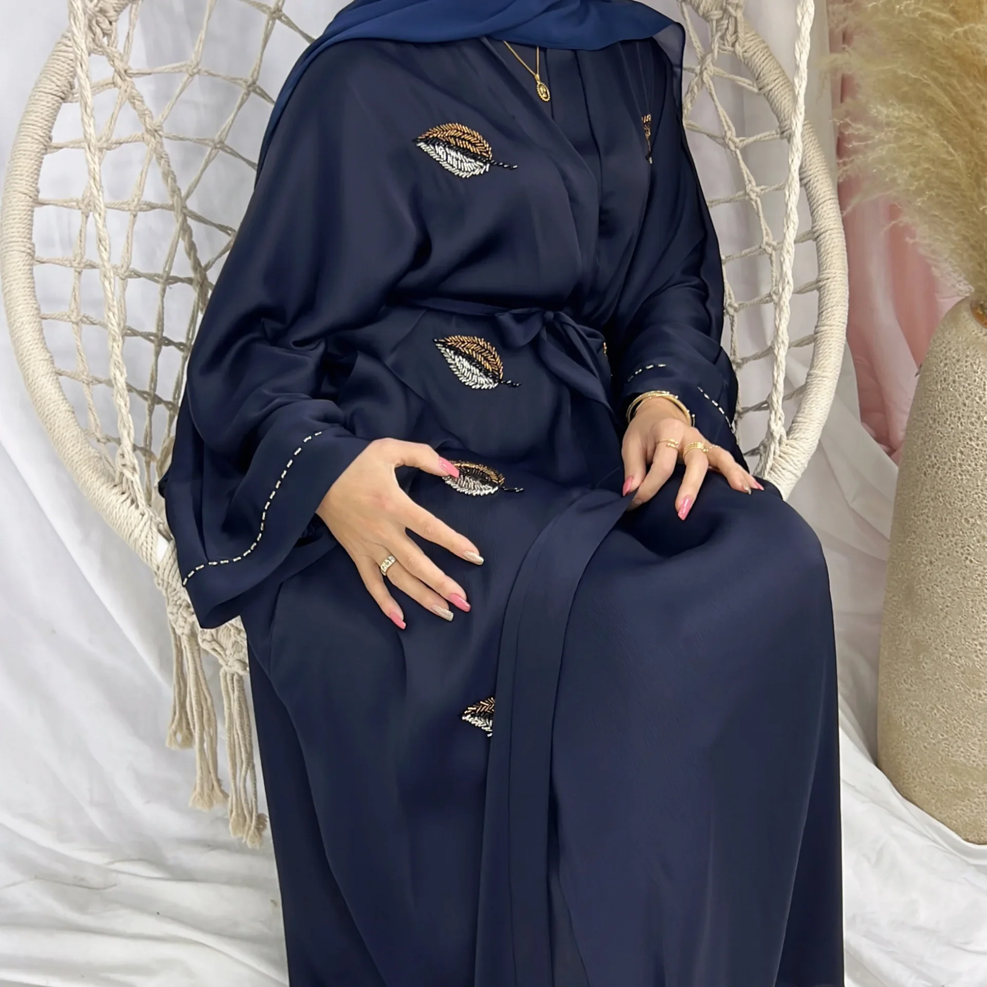 

Eid Beads Abaya кимоно мусульманское хиджаб платье ручной работы летние открытые Abayas для женщин Дубай Роскошная Исламская одежда женский халат