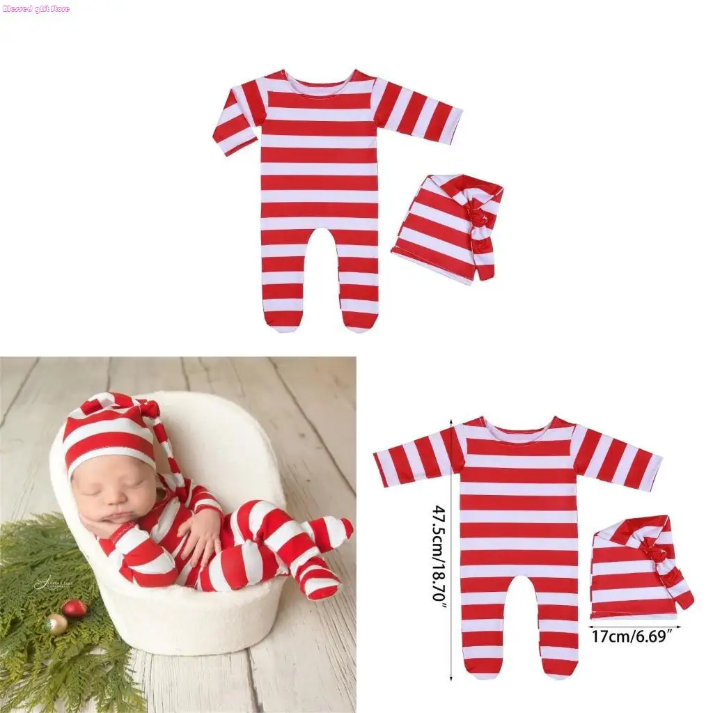 

D0JC Рождественский костюм для новорожденных, реквизит для фотосессии, наряд в красную, белую полоску, наряды эльфа с шапкой