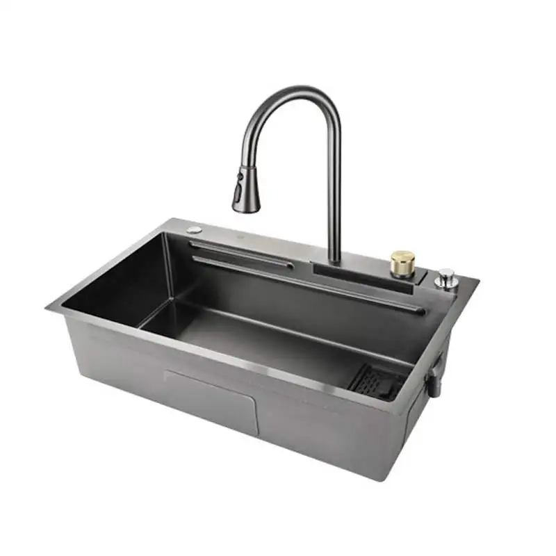 #*-Tiktok Trends Metal Grey Black Stainless Steel Kitchen Sink Sets With Flying Rainfall Faucet