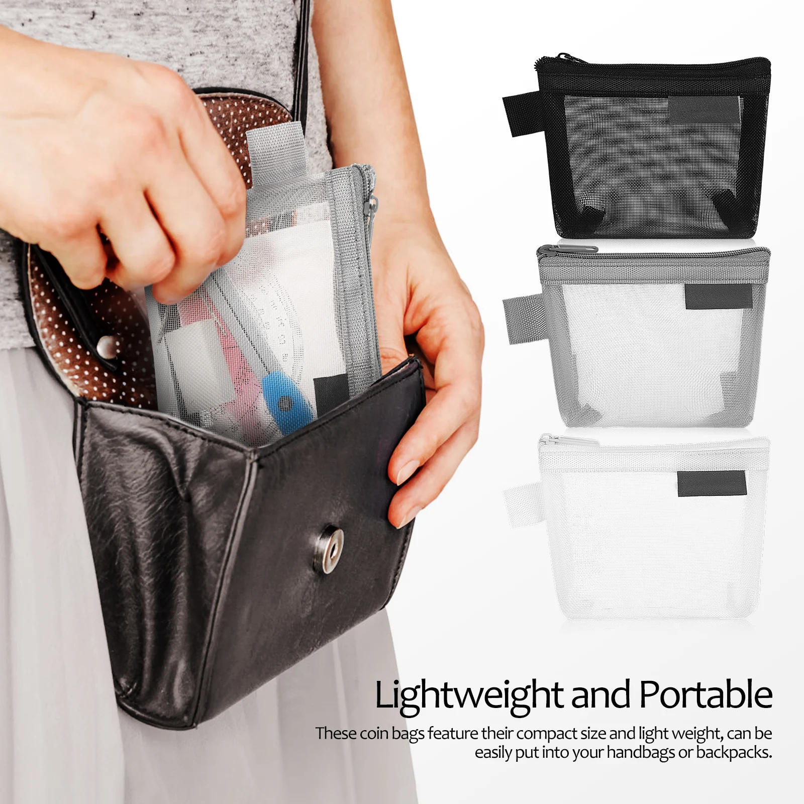 

3pcs Purse Makeup Organizer.Makeup Bag Lightweight Small Mesh Nylon Pouches Black White Gray Coin Bag Zipper Storage Wallet