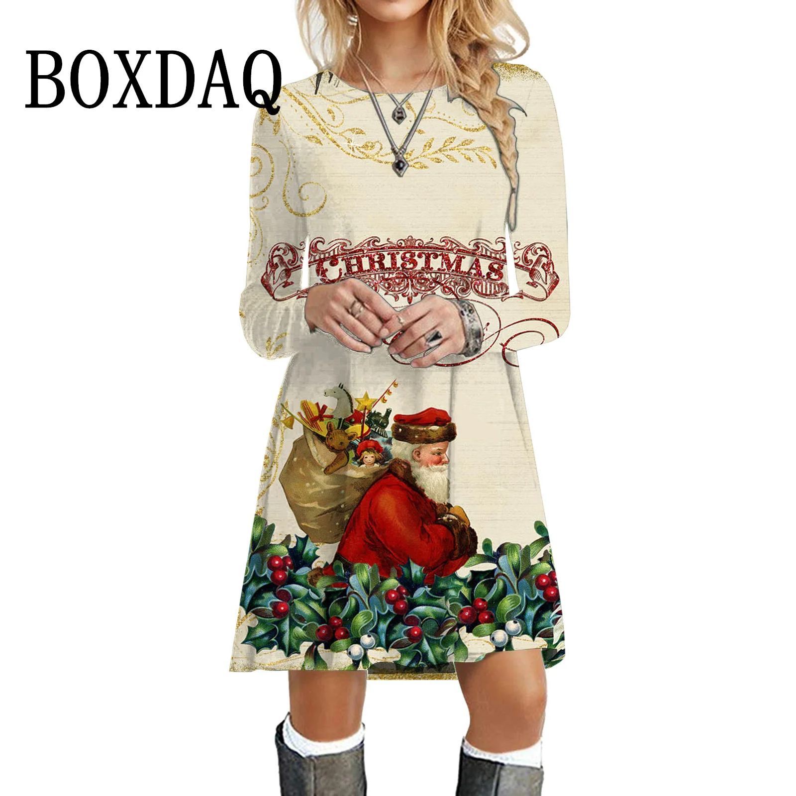 Christmas Women Long Sleeve Dress 3D Santa Claus Christmas Print A-Line Dress Winter Oversized Party Dresses Woman Clothing 2023