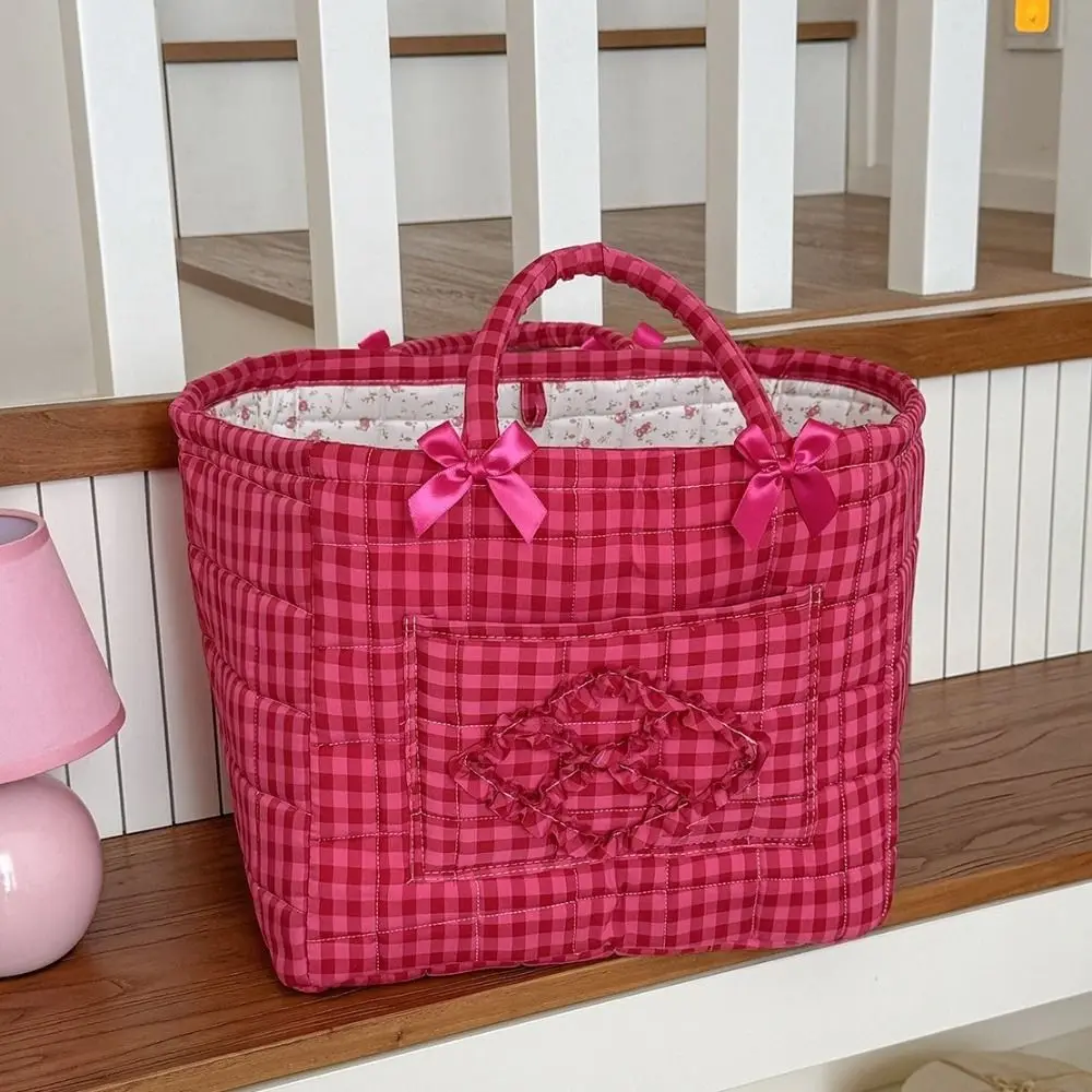 Large Capacity Red Plaid Storage Basket Handheld Decorative Fabric Storage Basket Folding with Handle Nursery Storage Basket Car