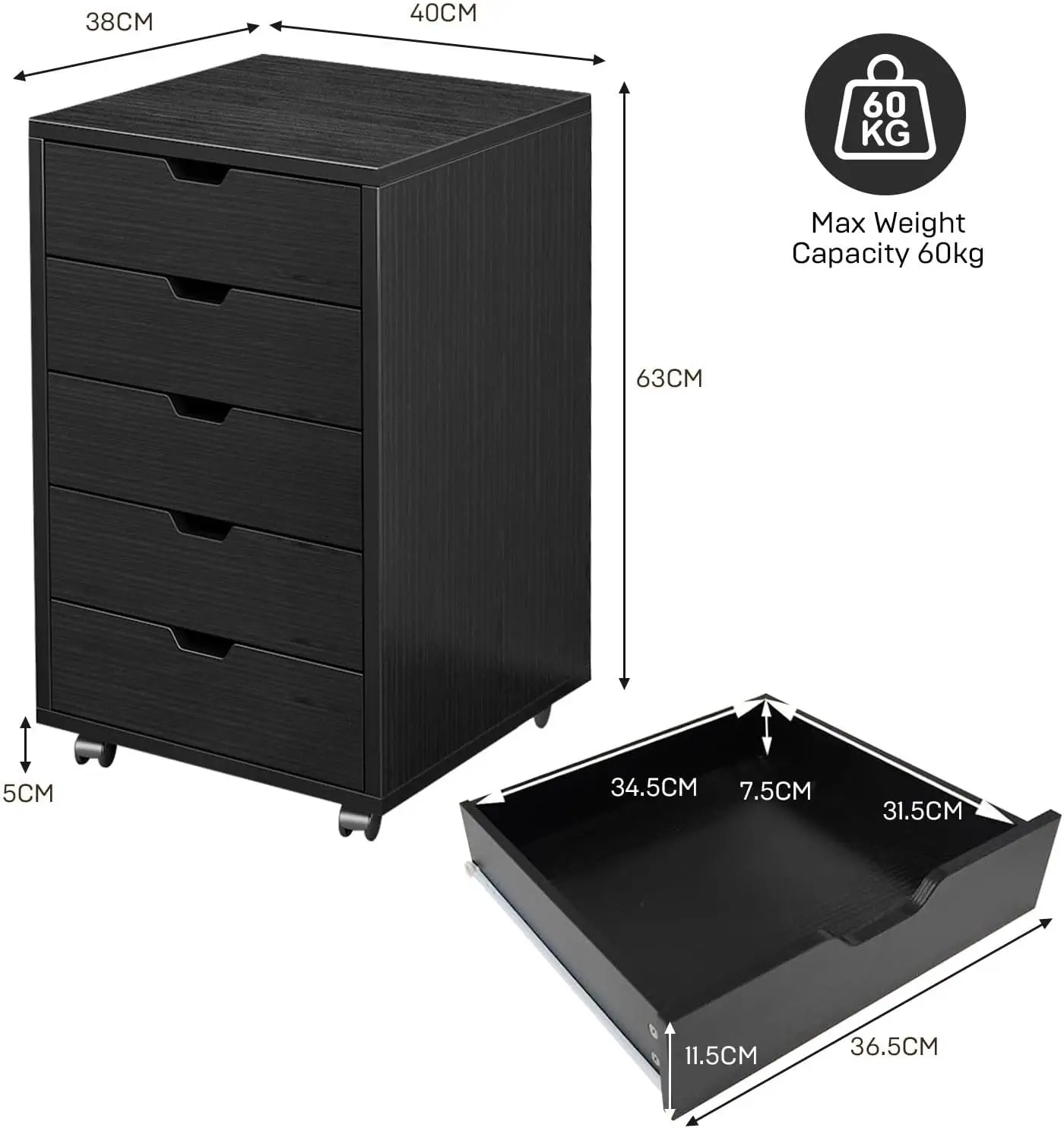 5 Drawer File Cabinet Mobile Document Filing Organiser Home Office Storage Chest Cupboard Printer Stand Black