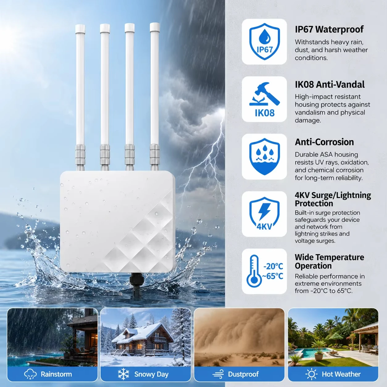 KuWFi Industrial Access Point 500meters Max Long Range WiFi Hotspot Solar Powered 3000mbps IP67 Wireless AP for Farm & Community