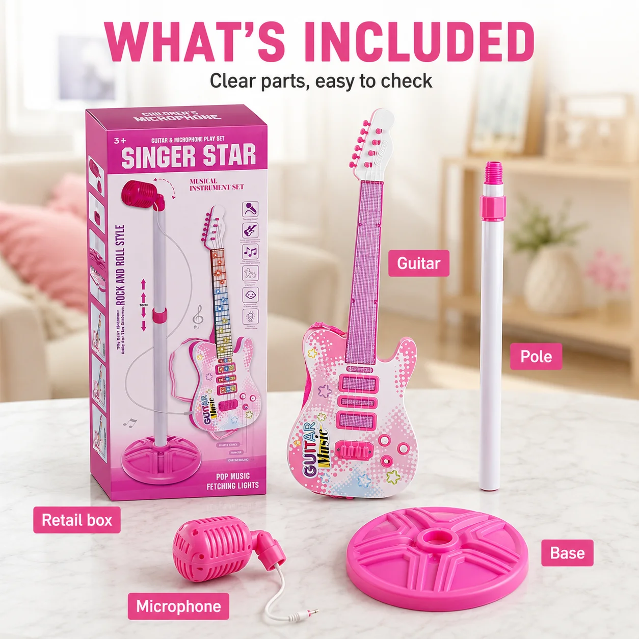 Kids Toy Guitar Microphone Set with Adjustable Stand, Light Sound Musical Instrument, Pretend Play Toy, Birthday Gift for Age 3+