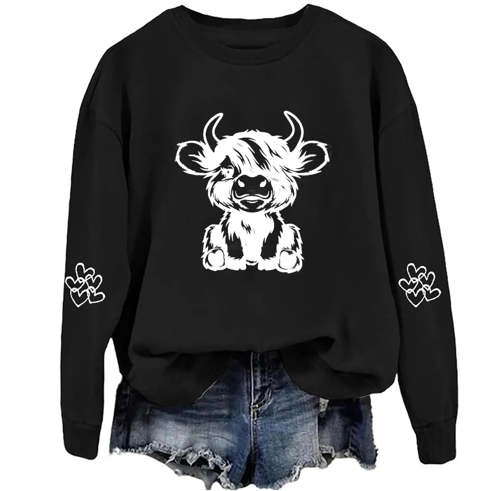 

Fashion Simple Cow Pattern 3D Printed Round Neck Hoodie Women Loose Casual Long Sleeve Hoodie Autumn And Winter