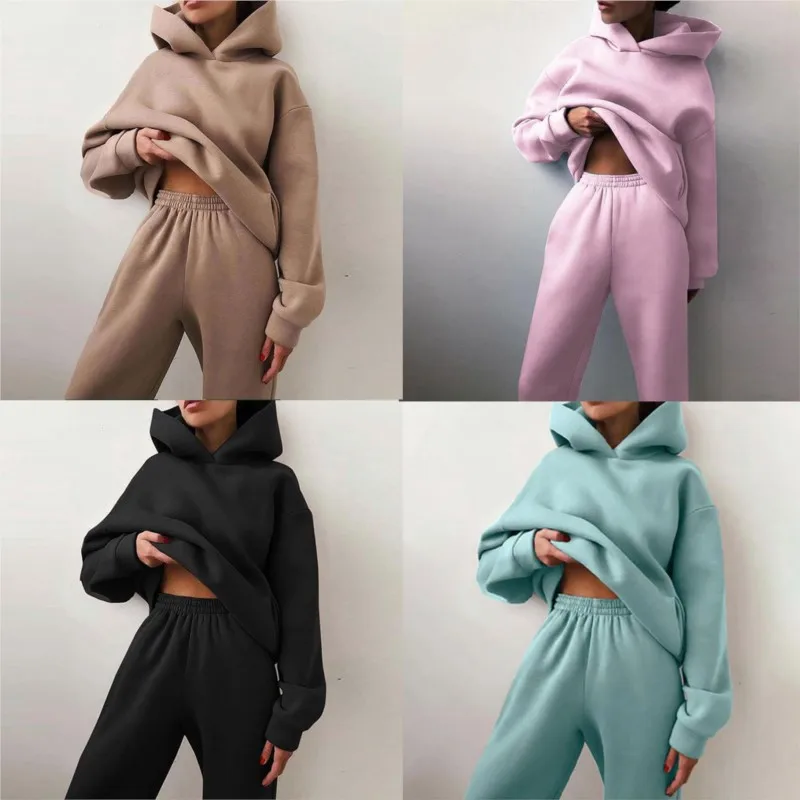 Women\'s Sportswear Casual Solid Color Long Sleeve Hooded Sports Suit Fall Warm Hoodie Sweatshirt And Pants Fleece Two-Piece Set