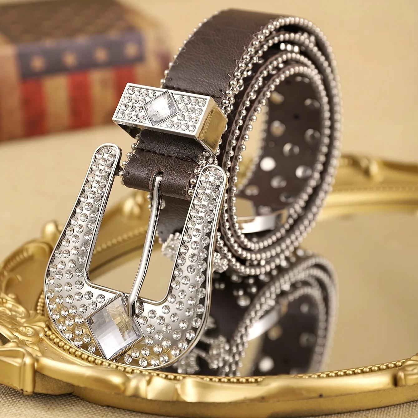 1 Piece Women's PU Coffee Metal Accessory Rhinestone Cross Chain Buckle Waistband Fashion Trendy Bohemian Style Belt Suitable Fo