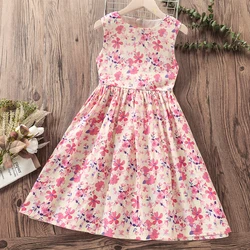 Summer Kids Pink Flower Dresses for Girls Clothes Baby Outfits Princess Teenagers Sleeveless Children Beach Costumes 4-12 Years